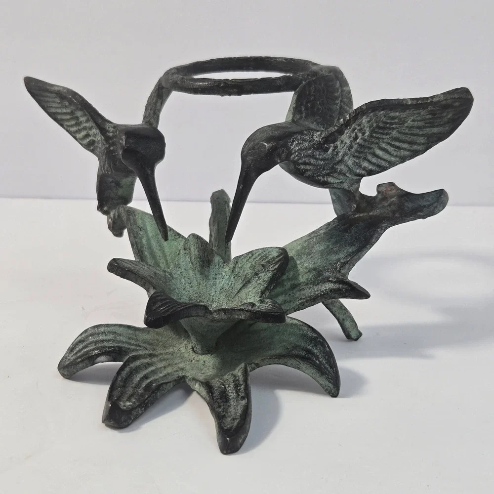 Vintage Verdigris Cast Metal Hummingbird Lily Flower Sculpture Candle Holder